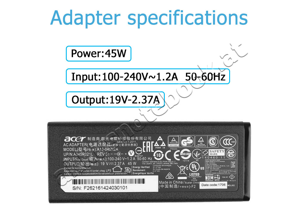 Original 45W Acer A18-045N2A Netzteil Ladegerät + Kabel