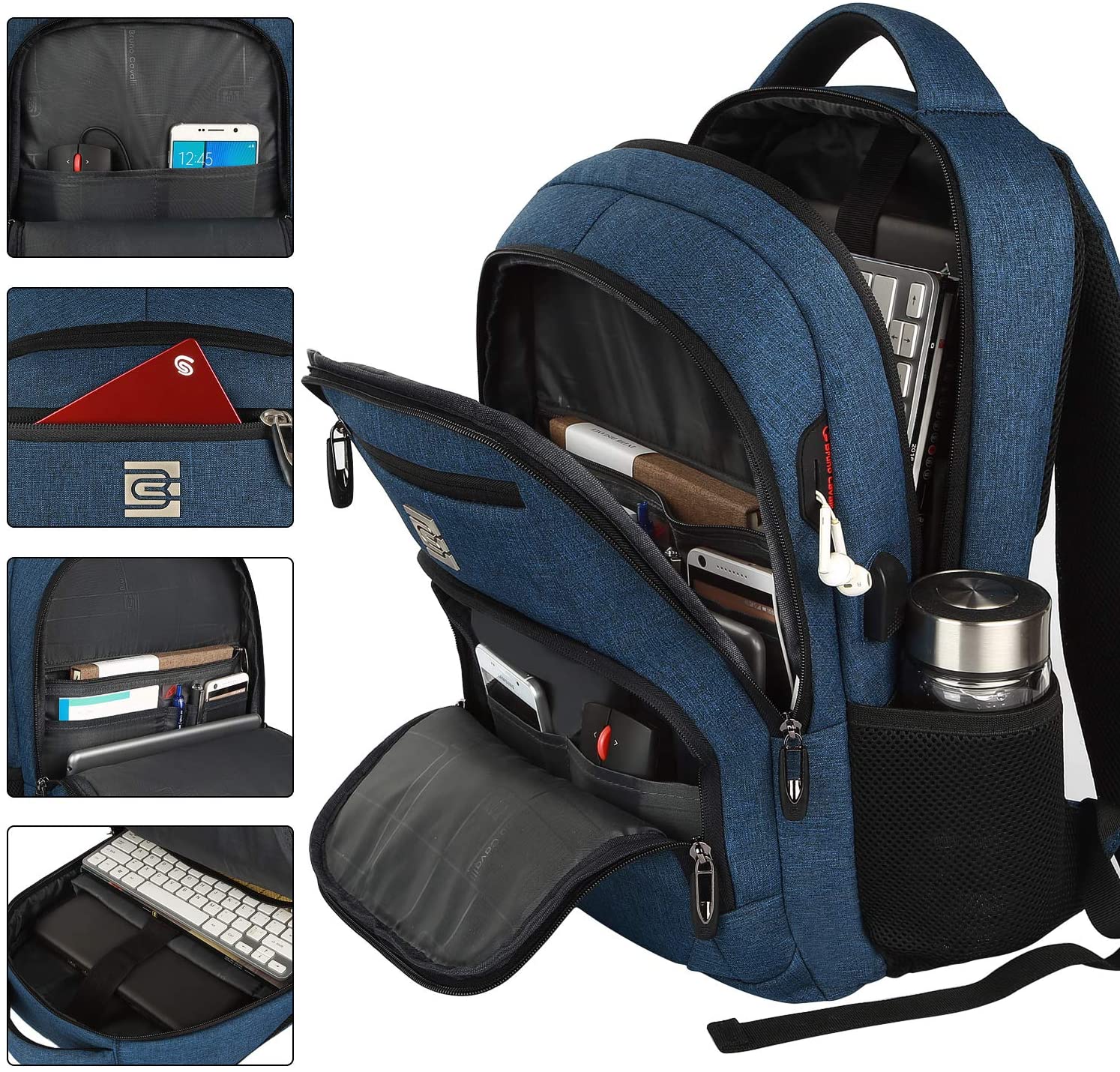 Bruno Cavalli 15.6 Zoll wasserdichter Reisecomputer Schultasche Large Business diebstahlsicherer robuster Laptop-Rucksack mit USB-Ladeanschluss für Apple MacBook Pro 15 Zoll Laptop Blau