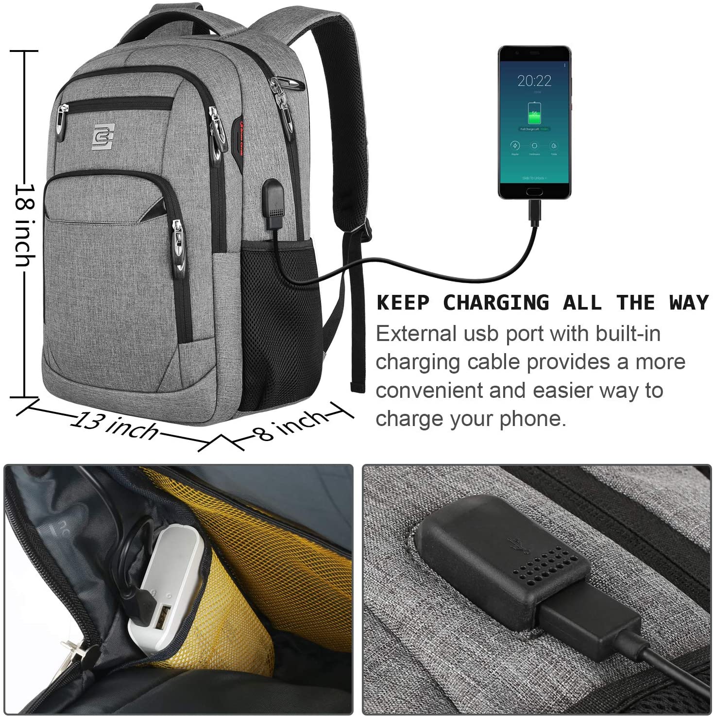 Bruno Cavalli 15,6 Zoll wasserdichter Reisecomputer Schultasche Large Business diebstahlsicherer robuster Laptop-Rucksack mit USB-Ladeanschluss für Apple MacBook Pro 15 Zoll Laptop Grau