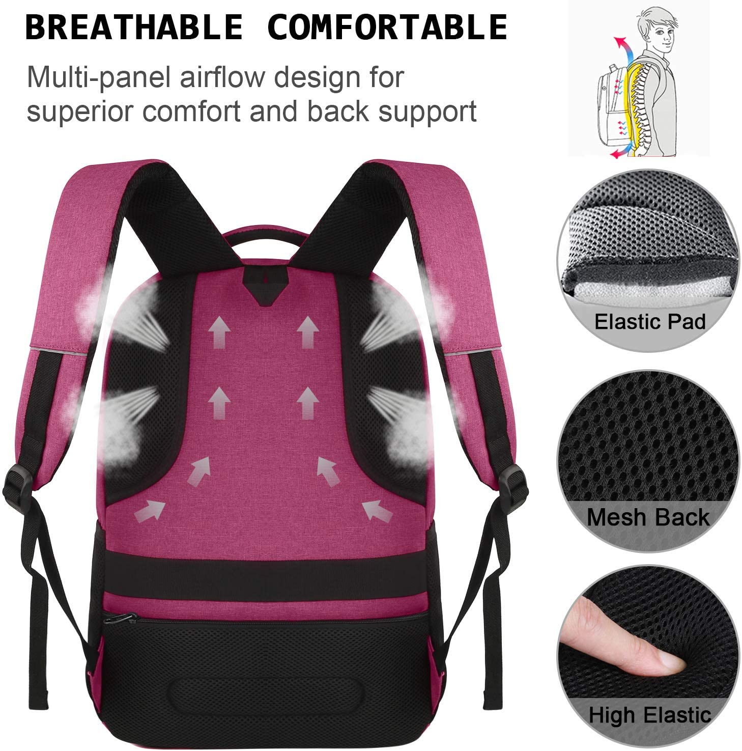 Bruno Cavalli 15.6 Zoll wasserdichter Reisecomputer Schultasche Large Business diebstahlsicherer robuster Laptop-Rucksack mit USB-Ladeanschluss für Apple MacBook Pro 15 Zoll Laptop Rosenrot