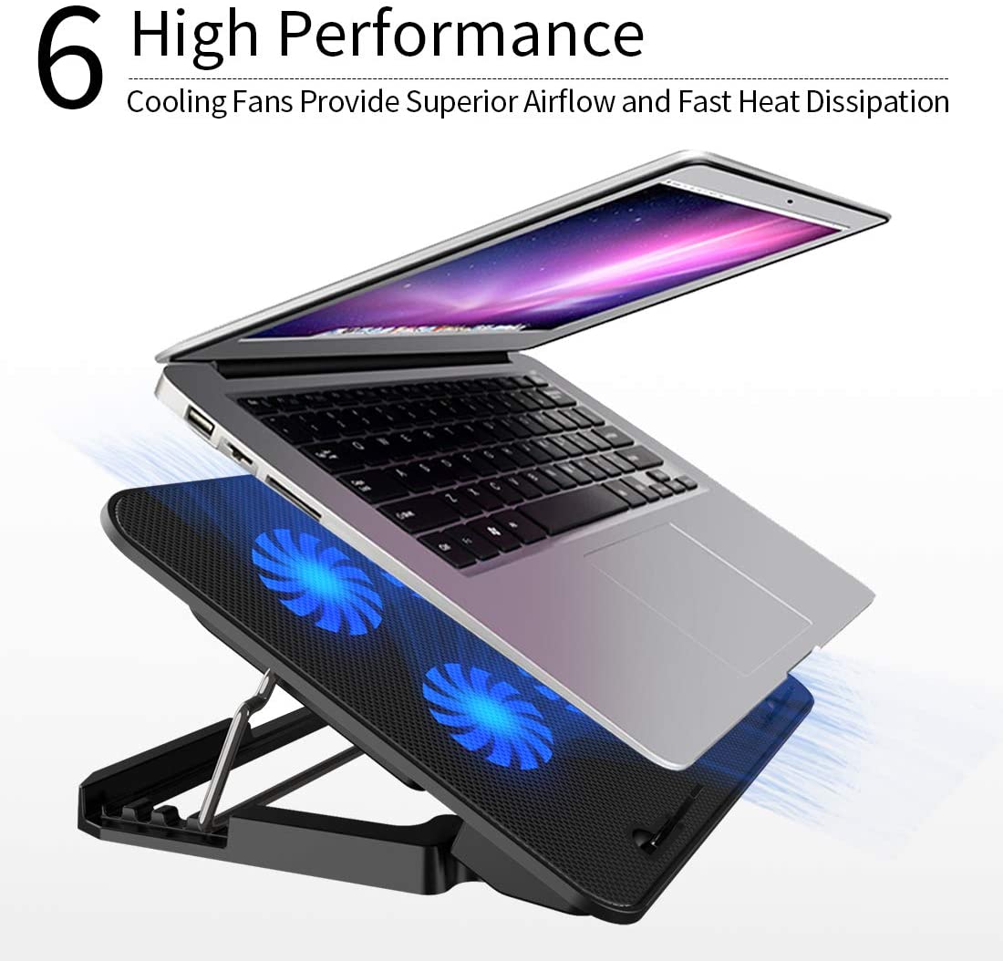 ICE COOREL Gaming Laptop Cooling Pad Laptop Silent Fan Radiator Base Bracket, mit 6 höhenverstellbaren + 2 USB Anschlüssen + 1 Handyhalterung passend für Laptop Acer ConceptD 13,5 Zoll Blau und Schwarz