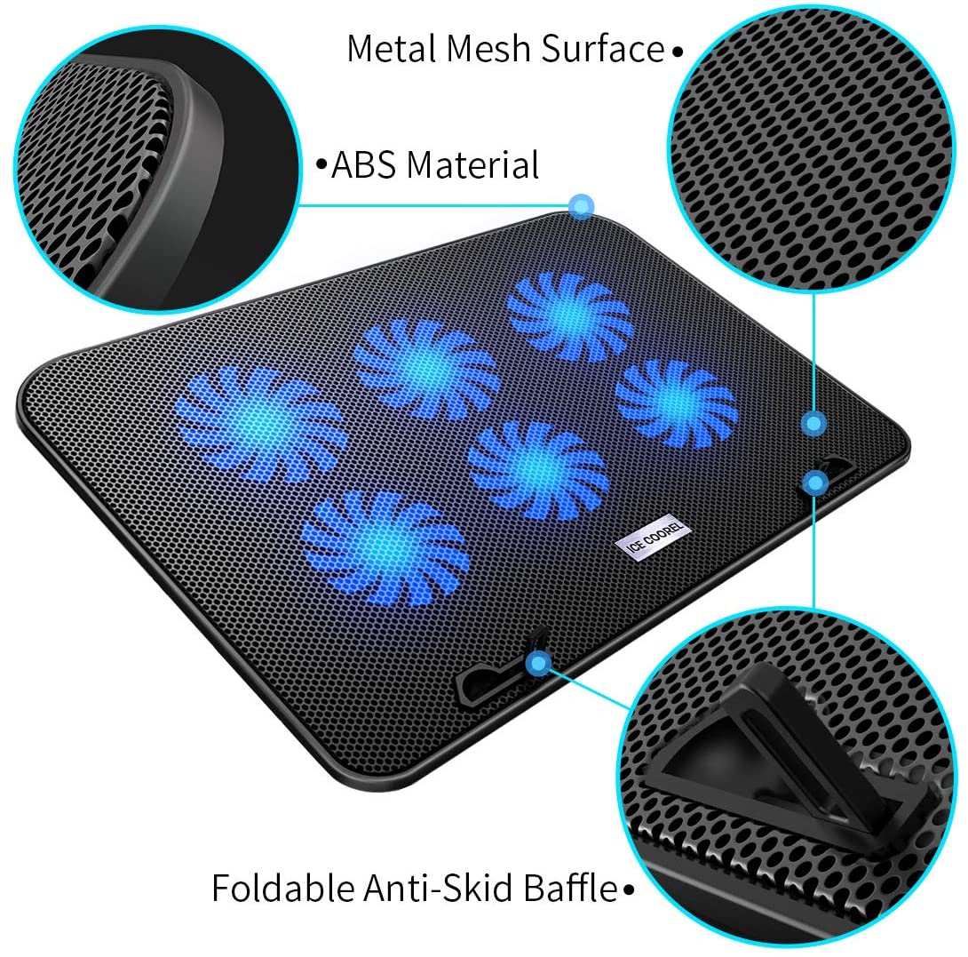 ICE COOREL Gaming Laptop Cooling Pad Laptop Silent Fan Radiator Base Bracket, mit 6 höhenverstellbaren + 2 USB Anschlüssen + 1 Handyhalterung passend für Laptop Acer ConceptD 13,5 Zoll Blau und Schwarz