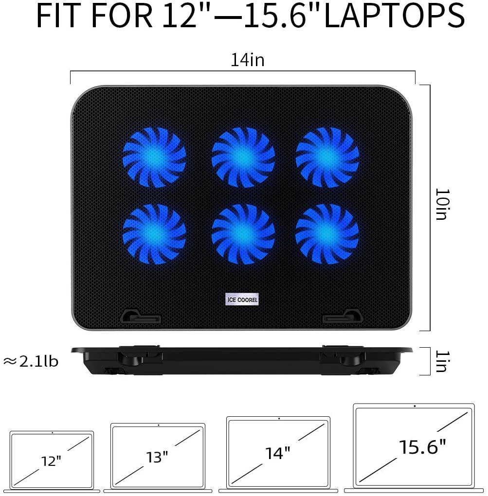 ICE COOREL Gaming Laptop Cooling Pad Laptop Silent Fan Radiator Base Bracket, mit 6 höhenverstellbaren + 2 USB Anschlüssen + 1 Handyhalterung passend für Laptop Acer ConceptD 13,5 Zoll Blau und Schwarz