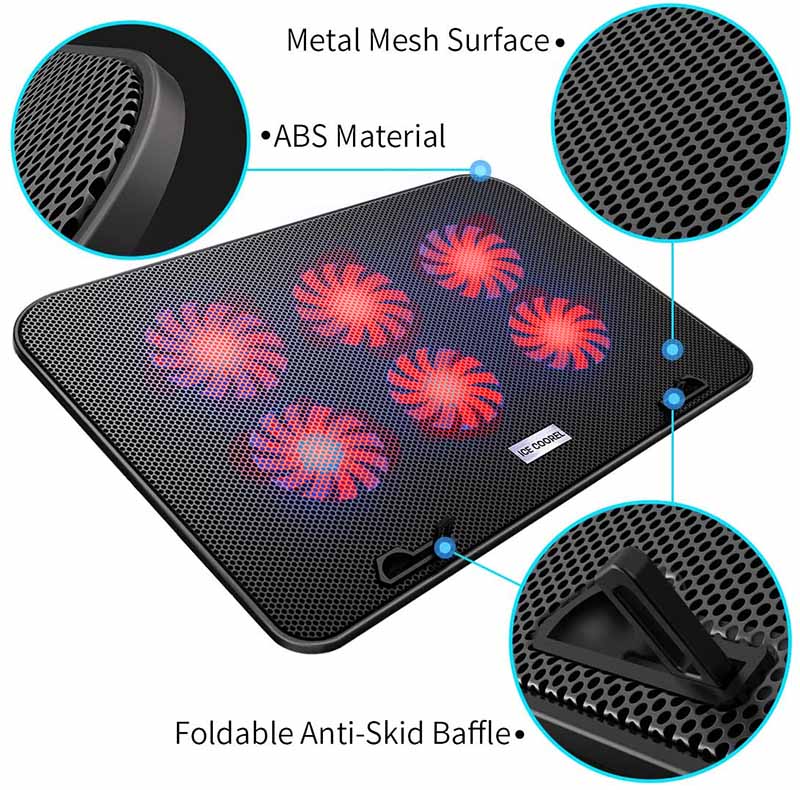 ICE COOREL Gaming Laptop Cooling Pad Laptop Silent Fan Radiator Base Bracket, mit 6 höhenverstellbaren + 2 USB Anschlüssen + 1 Handyhalterung passend für Laptop Acer ConceptD 13,5 Zoll Rot und Schwarz