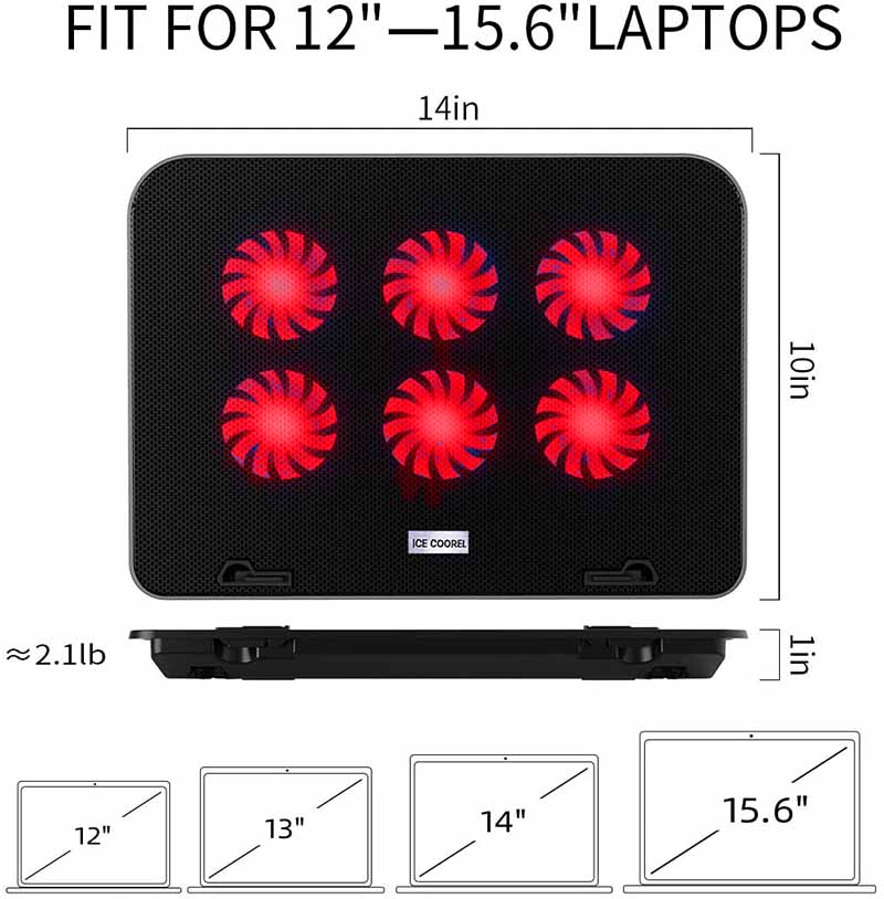 ICE COOREL Gaming Laptop Cooling Pad Laptop Silent Fan Radiator Base Bracket, mit 6 höhenverstellbaren + 2 USB Anschlüssen + 1 Handyhalterung passend für Laptop Acer ConceptD 13,5 Zoll Rot und Schwarz